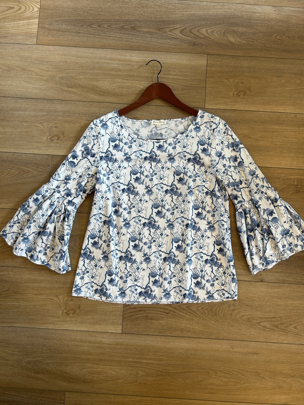 Jane and Delancey White and Blue Floral Bell-Sleeve Blouse